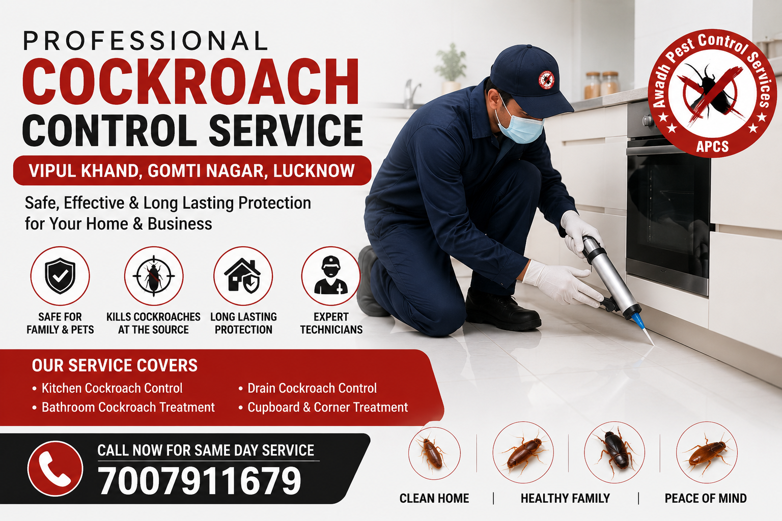 Technician providing cockroach pest control in Vipul Khand Gomti Nagar Lucknow kitchen