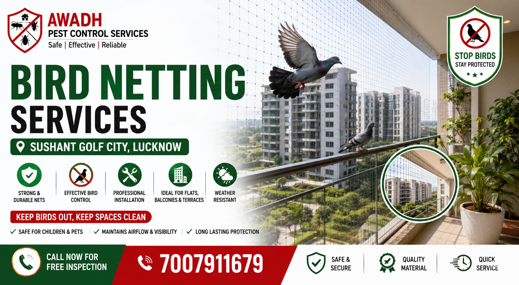 Professional pigeon safety net installation in Sushant Golf City Lucknow